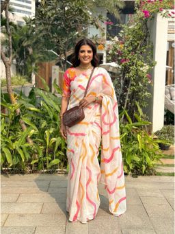 Nyri - White Printed Cotton Saree with Unstitched Blouse