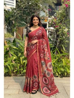 Nyri - Maroon Floral Printed Cotton Blend Saree with Unstitched Blouse