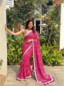 Nyri - Pink Printed Cotton Saree with Unstitched Blouse