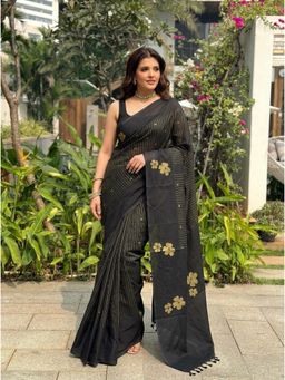 Nyri - Black Printed Cotton Silk Saree with Unstitched Blouse