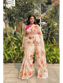 Nyri - Floral Printed Cotton Linen Saree with Unstitched Blouse