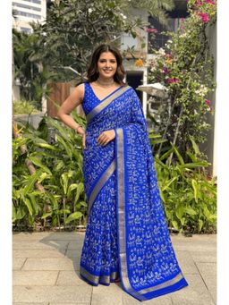 Nyri - Blue Printed Woven Cotton Saree with Unstitched Blouse
