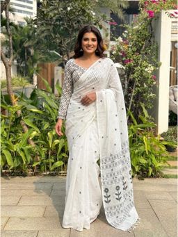 Nyri - White Printed Cotton Saree with Unstitched Blouse