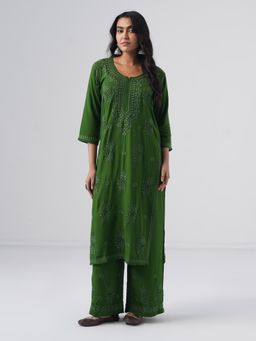 Sazrika - Olive Green Rayon Chikankari Embroidered Stylish Kurta and Palazzo