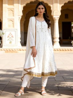 Rangita - Off White Cotton Embroidered Anarkali Kurta with Pant & Dupatta