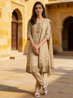Rangita - Beige Poly Viscose Embroidered Anarkali Kurta with Pant and Dupatta