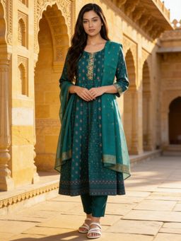 Rangita - Turquoise Poly Viscose Embroidered Anarkali Kurta with Pant & Dupatta