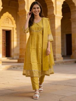Rangita - Yellow Poly Viscose Embroidered Anarkali Kurta with Pant & Dupatta