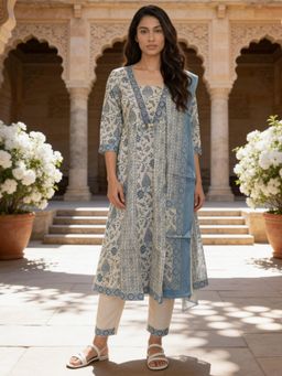 Rangita - Womens Teal Cotton Embroidered Anarkali Kurta with Pant & Dupatta
