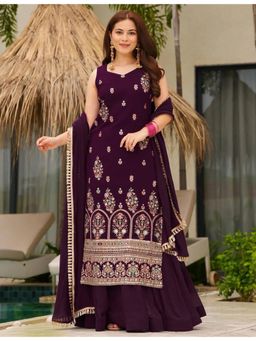 Kedar Fab - Womens Georgette Ethnic Motiff Embroidered Kurta with Sharara & Dupatta