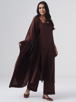 Sazrika - Lace Work Brown Cotton Stylish Kurta and Palazzo with Dupatta