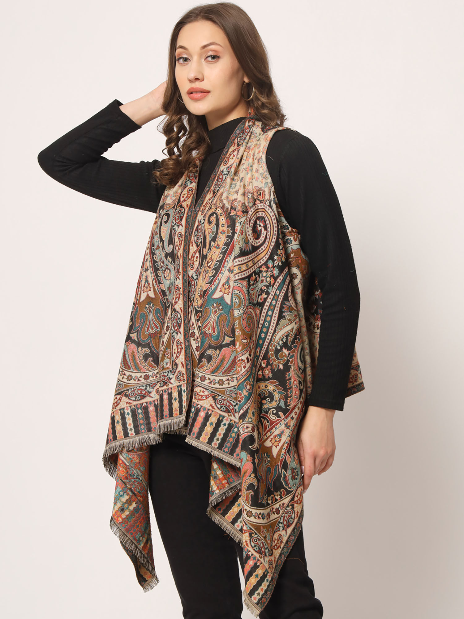 zamour Cape Shrug Top Woven In Exotic Paisley Patters For Women-picture-42