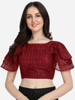 Amrutam Fab - Women's Embroidered & Sequences Work Maroon Net Boat Neck Blouse