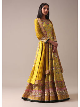 KALKI FASHION - Yellow Floral Printed Anarkali Dress with Dupatta (Set of 2)