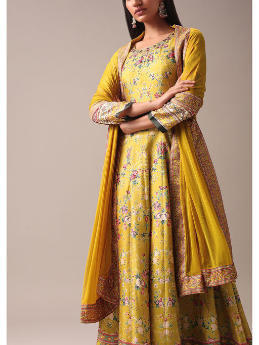 kalki fashion yellow dress Yellow Chinon Anarkali Set With Moti And Cut Dana Work main image 0