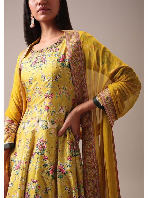 Buy KALKI FASHION Yellow Floral Printed Anarkali Dress with Dupatta (Set of 2) Online Buy KALKI FASHION Yellow Floral Printed Anarkali Dress with Dupatta (Set of 2) Online