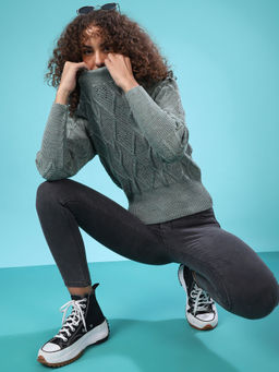 Campus Sutra - Green Women Self Design Stylish Casual Sweaters