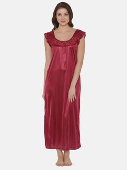 Clovia - Night Dress with Lace Neckline Satin Maroon