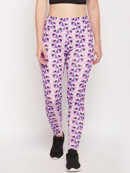 Clovia - High Rise Geometric Print Active Tights In Purple With Side Pocket