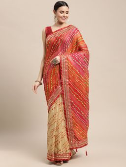 Vastranand - Designer Printed Bandhani Saree Red with Unstitched Blouse