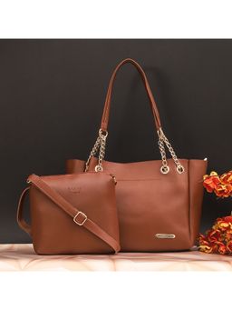 Bagsy Malone - Womens Brown Vegan Leather Stylish Tote Bag (Set of 2)
