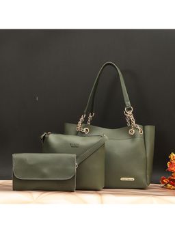 Bagsy Malone - Womens Green Vegan Leather Stylish Tote Bag (Set of 3)