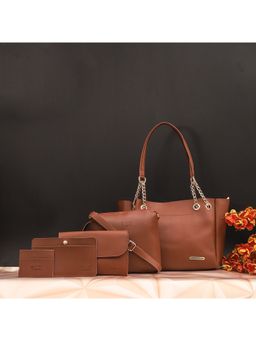 Bagsy Malone - Womens Tan Vegan Leather Stylish Tote Bag (Set of 5)