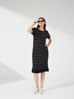 Depano - Black Striped Knit Midi Dress