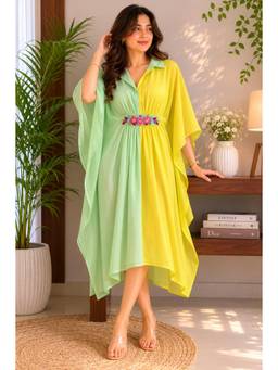Label Rishmaan - Lime Sorbet Yellow Hand Embroidered Mul Kaftan Dress
