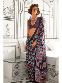 Mysilklove - Tuatara Black And Blue Printed Ajrakh Satin Crepe Saree without Blouse