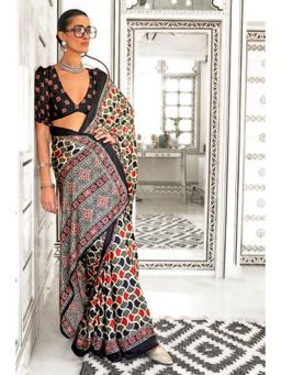 Mysilklove - Arrowtown Green And Black Printed Ajrakh Satin Crepe Saree without Blouse