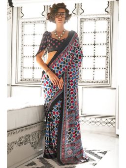 Mysilklove - Bismark Blue And Black Printed Ajrakh Satin Crepe Saree without Blouse