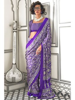 Mysilklove - Cyber Grape Purple Printed Ajrakh Satin Crepe Saree without Blouse