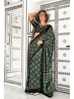 Mysilklove - Lunar Green Printed Ajrakh Satin Crepe Saree without Blouse