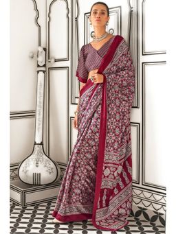 Mysilklove - Rosewood Maroon Printed Ajrakh Satin Crepe Saree without Blouse