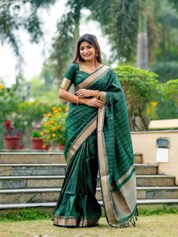 Mysilklove - Jade Dark Green Woven Raw Silk Saree without Blouse