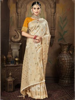 Sangam Prints - Cream Silk Woven Work Traditional Saree with Unstitched Blouse