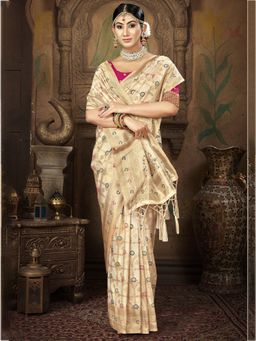 Sangam Prints - Cream Silk Woven Work Traditional Saree with Unstitched Blouse