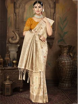 Sangam Prints - Cream Silk Woven Work Traditional Saree with Unstitched Blouse