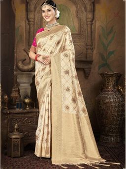 Sangam Prints - Cream Silk Woven Work Traditional Saree with Unstitched Blouse