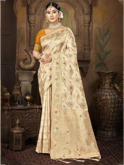 Sangam Prints - Cream Silk Woven Work Traditional Saree with Unstitched Blouse