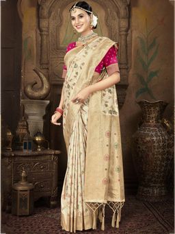 Sangam Prints - Cream Silk Woven Work Traditional Saree with Unstitched Blouse