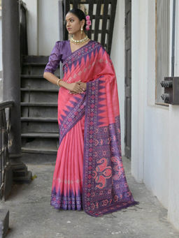Mysilklove - Blush Pink Printed Tussar Silk Saree without Blouse