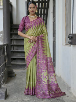 Mysilklove - Smoke Green And Purple Printed Tussar Silk Saree without Blouse