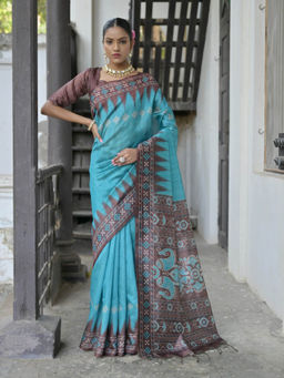Mysilklove - Tradewind Blue And Brown Printed Tussar Silk Saree without Blouse