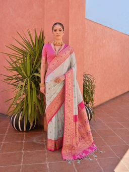 Mysilklove - Clam Shell Grey And Pink Zari Woven Paithani Saree without Blouse