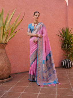 Mysilklove - Candy Pink And Blue Zari Woven Paithani Saree without Blouse