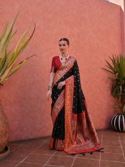 Mysilklove - Marshland Black And Red Zari Woven Paithani Saree without Blouse