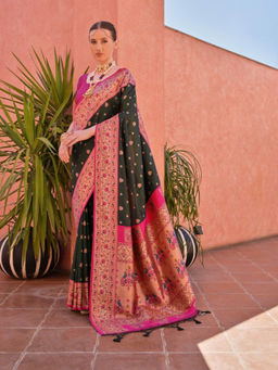 Mysilklove - Zeus Dark Green And Pink Zari Woven Paithani Saree without Blouse