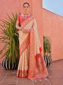Mysilklove - Tuft Bush Cream And Red Zari Woven Paithani Saree without Blouse